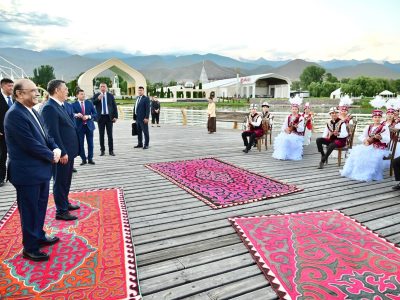 Cholpon-Ata, Kyrgyzstan: July 6, 2026: President Asif Ali Zardari, accompanied by President of the Kyrgyz Republic Sadyr Japarov, witnesses a traditional Kyrgyz cultural performance at the Rukh Ordo Cultural Center.